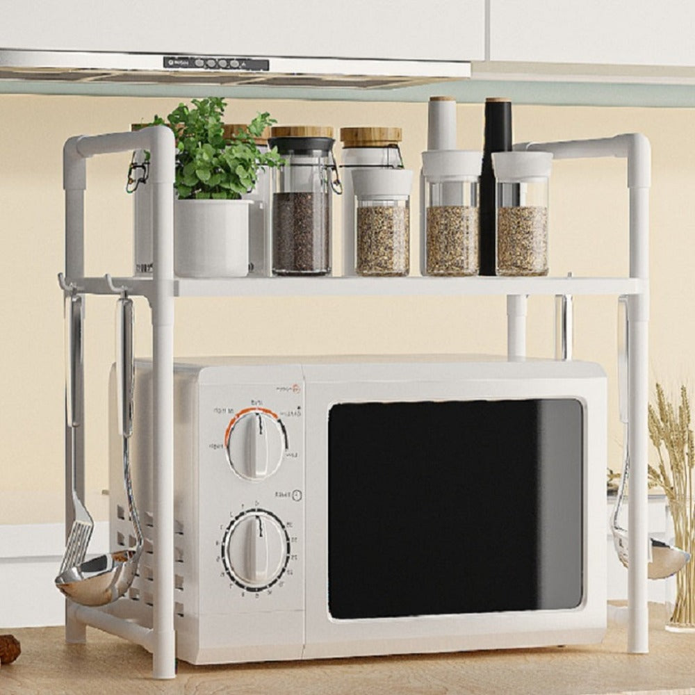 2/3 Niveles Soporte para microondas para encimera, Rejilla Para Horno Microondas Metal, Soporte Para Microondas Y Horno Cocina Con 4/8 Ganchos, Tiendas de condimentos, Adecuado para cocinas (Blanco / Negro)