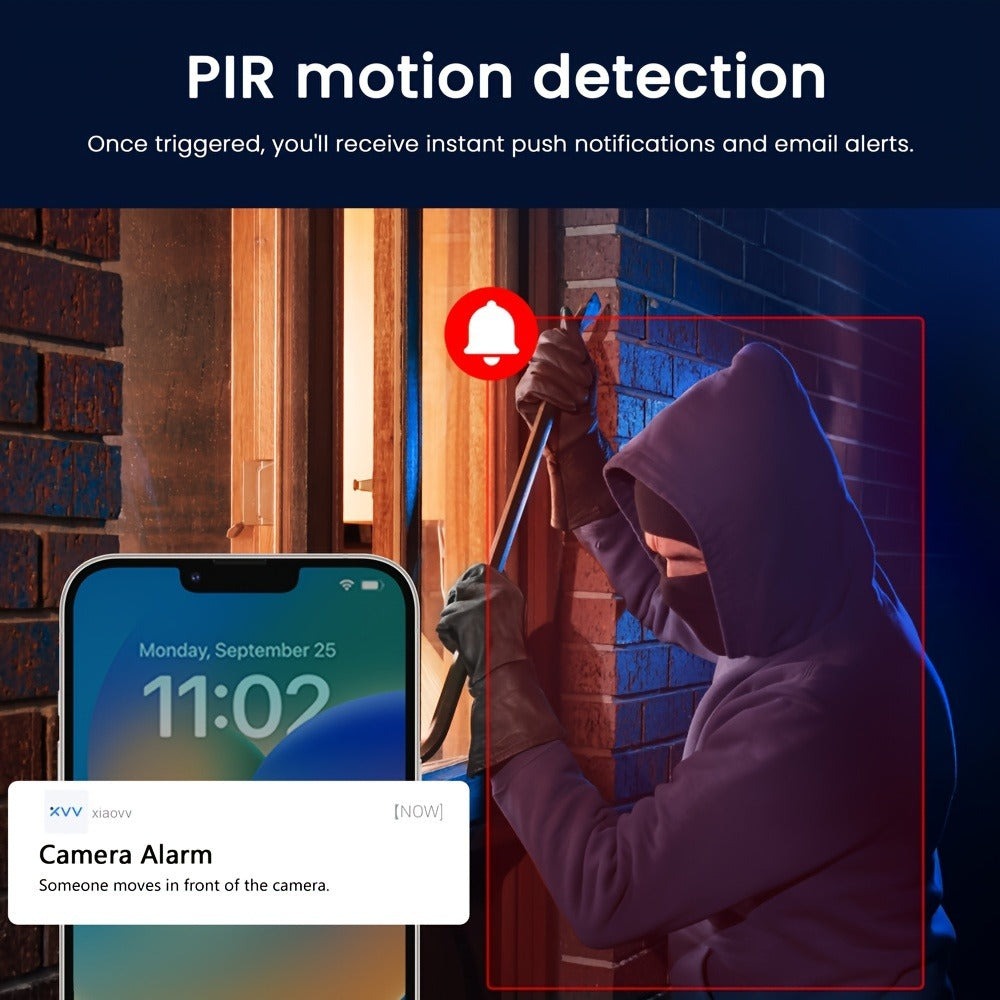 Cámara de seguridad exterior XIAOVV P6, sistema de vigilancia sin varillas WiFi con visión nocturna HD 1080P, audio bidireccional, alertas de detección de movimiento, panel solar, adecuada para CCTV empresarial, con aplicación y montaje en pared