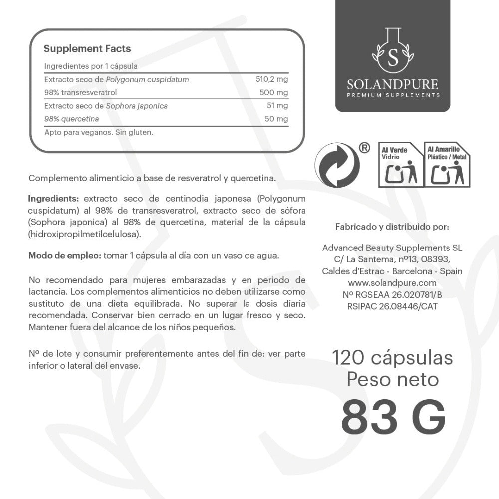 Resveratrol 99% Puro con Quercetina 550 mg – 120 Cápsulas Vegetales - Antioxidante Premium Solandpure®.
