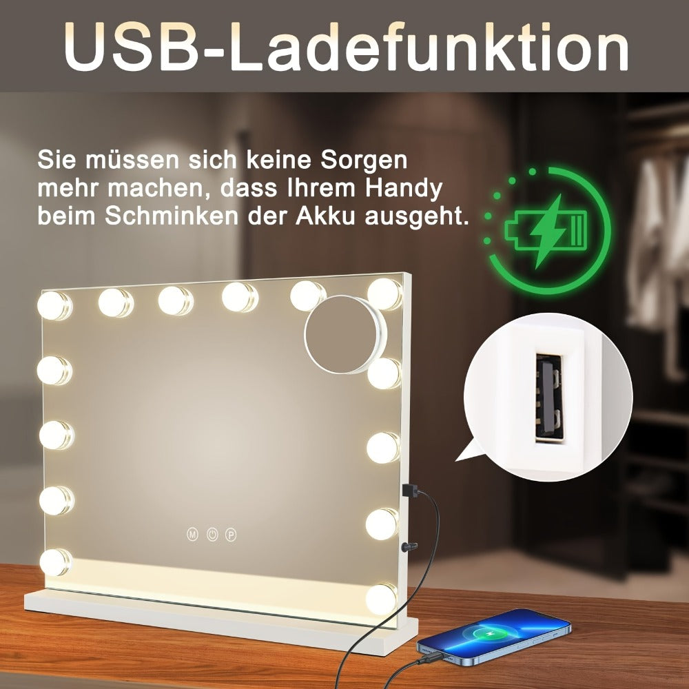 Espejo de maquillaje Hollywood con iluminación - Espejo de tocador con 14 luces LED, puerto USB, espejo cosmético de 50x40 cm - Espejo de tocador táctil regulable con 3 modos