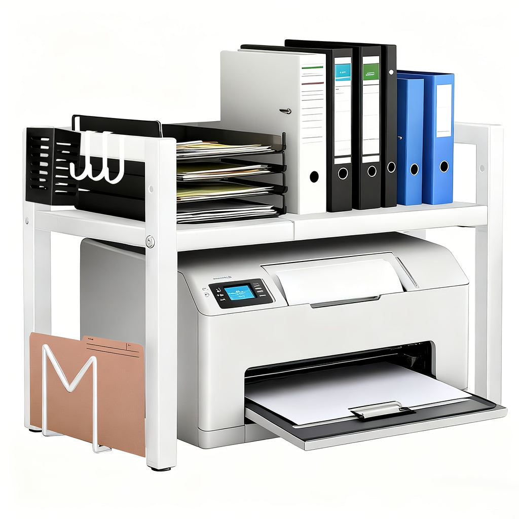 Soporte para impresora de 2/3 niveles - con 3 ganchos, soporte para tabla de cortar y portalápices, diseño expandible, adecuado para el hogar y la oficina, puede contener fotocopiadoras y escáneres (Negro, Blanco)