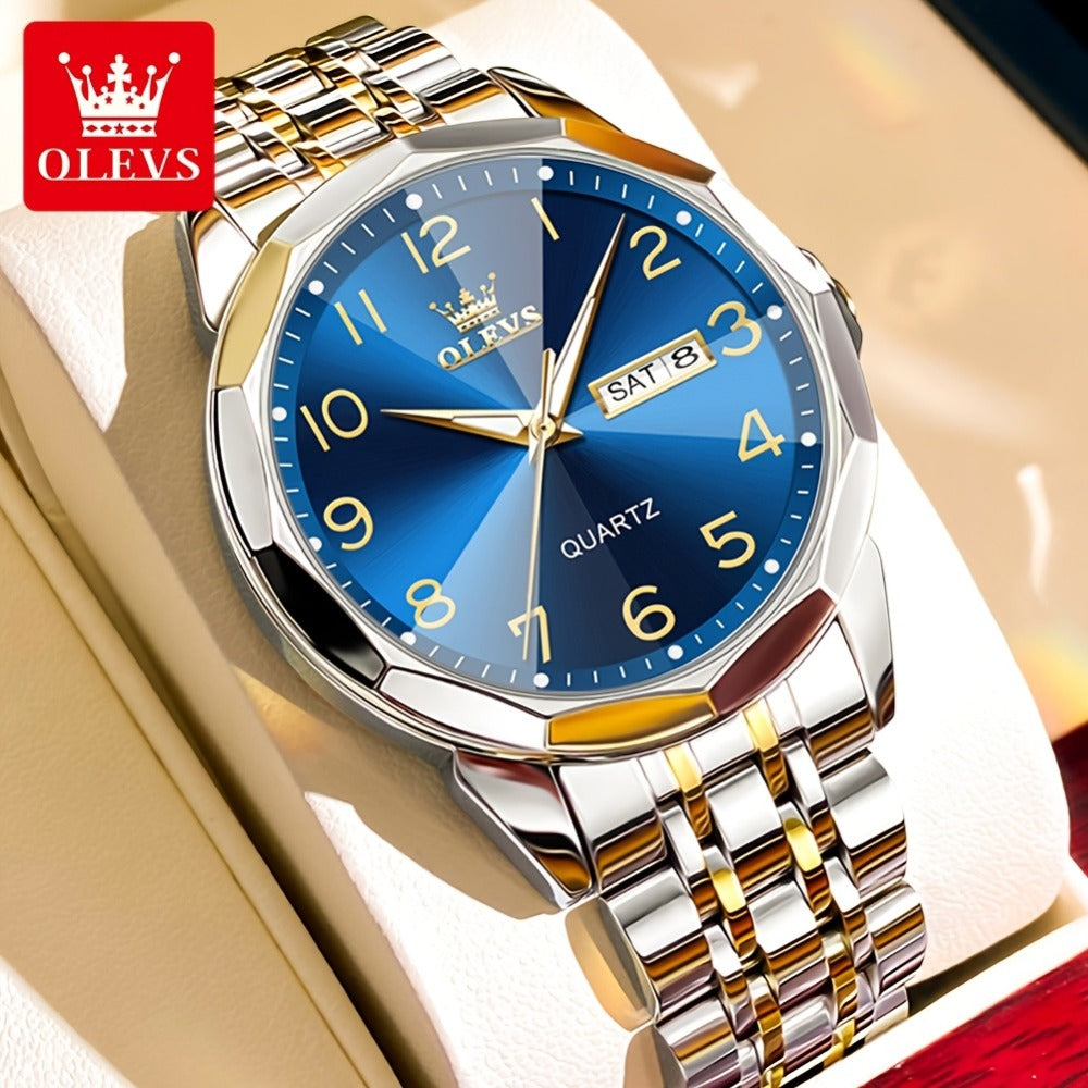 Reloj Luminoso OLEVS para Hombres con Fecha - Reloj de Vestir Analógico/Digital, Manecillas Luminosas e Indicador de Fecha, Reloj de Acero Inoxidable Minimalista para Negocios y Atuendos Informales - Esfera Azul/Negra/Blanca, Regalo Ideal de Navidad para