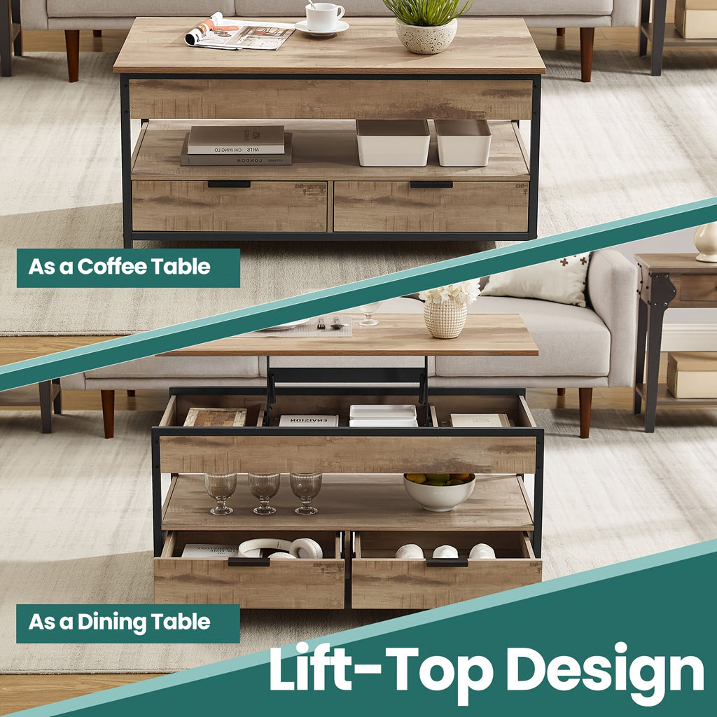 Mesa de Café con Tapa Elevable, Mesa de Sala, con Cajones de Almacenamiento, Compartimentos Ocultos y Estante Abierto