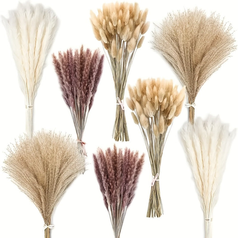 Ramo de Flores Secas de Hierba de las Pampas 200 piezas, Cola de Conejo 43.18 cm, Flores Naturales Esponjosas y Pomposas para Decoración de Bodas, Hogar o Fiestas - Estilo Bohemio (Clásico)