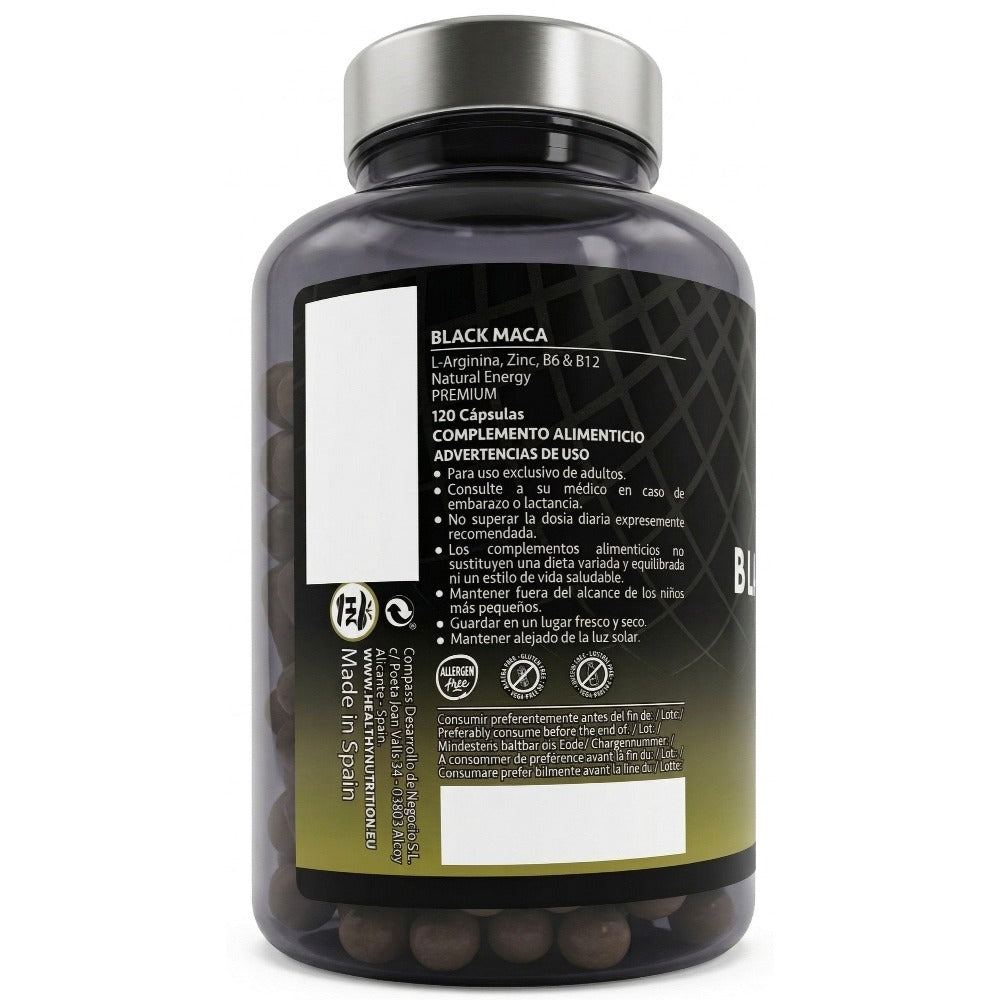 HN Maca Negra Andina en Cápsulas con Vitaminas B6, B12 y Zinc – Suplemento Alimenticio para Adultos, Formato de 50 Cápsulas Vegetales