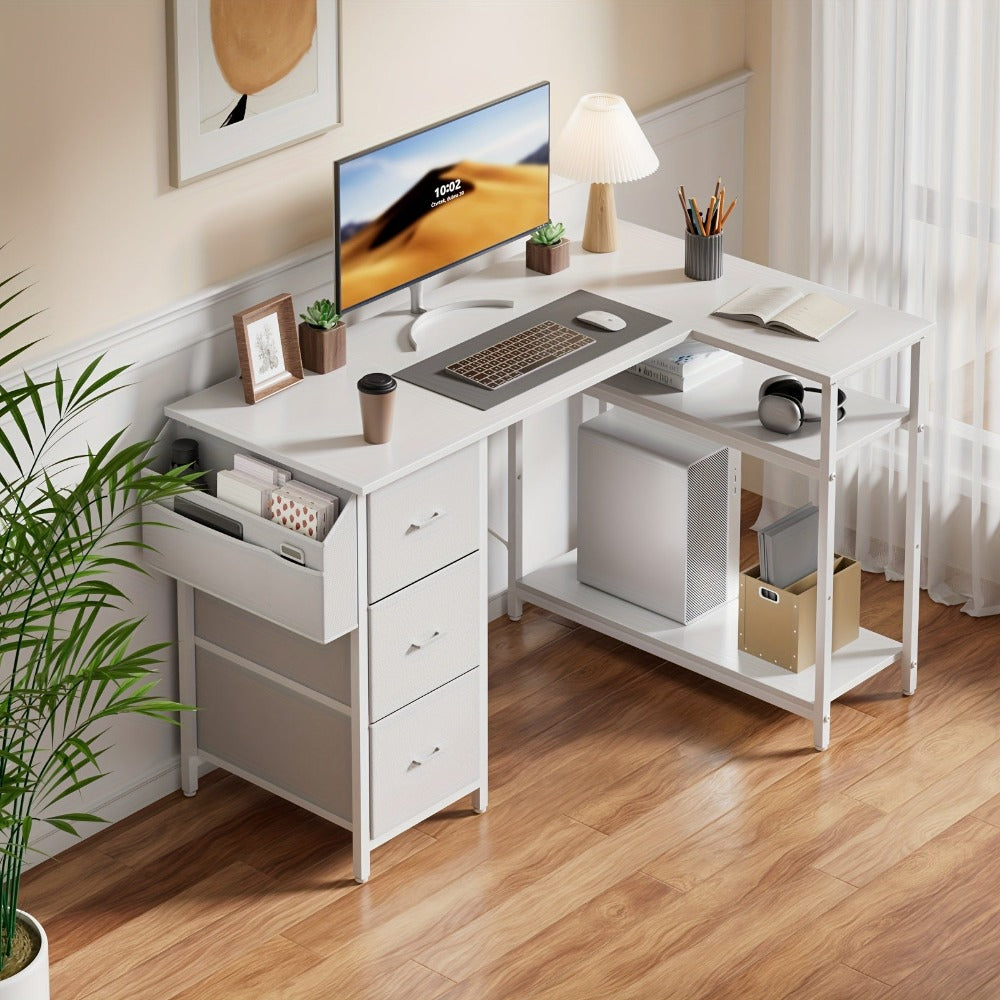 Escritorio Gaming en Forma de L con 3 Cajones de Tela para Almacenamiento, Escritorio de Oficina en Casa Ahorrador de Espacio con Soporte para CPU, Fácil de Montar, Estación de Trabajo y Juegos, Estructura de Madera Resistente, Dormitorio, Adultos