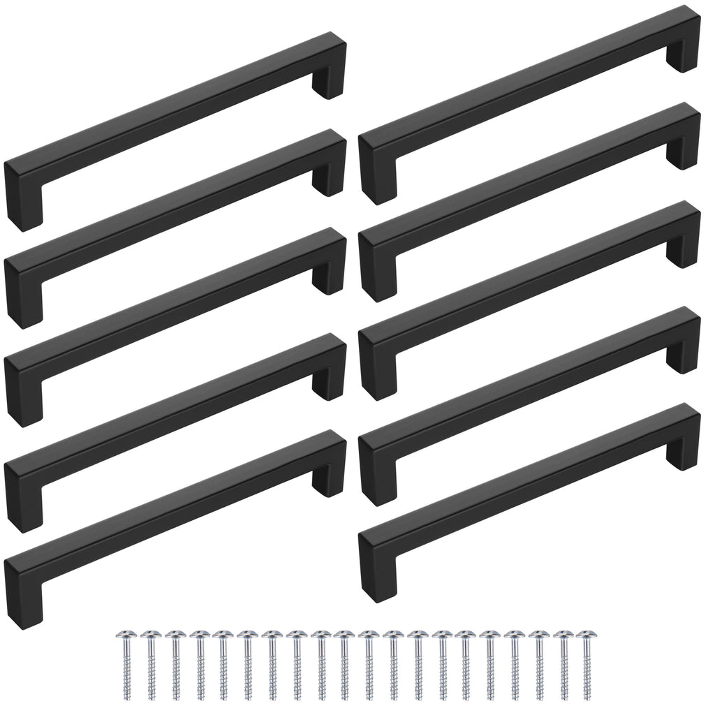Juego de 10 Tiradores Negros Mate para Muebles, Diseño Cuadrado, Distancia de Agujeros de 128 mm, 160 mm, Modernos y Estéticos para Gabinetes y Cajones, Ideal para Cocina, Baño y Sala – Incluye Tornillos