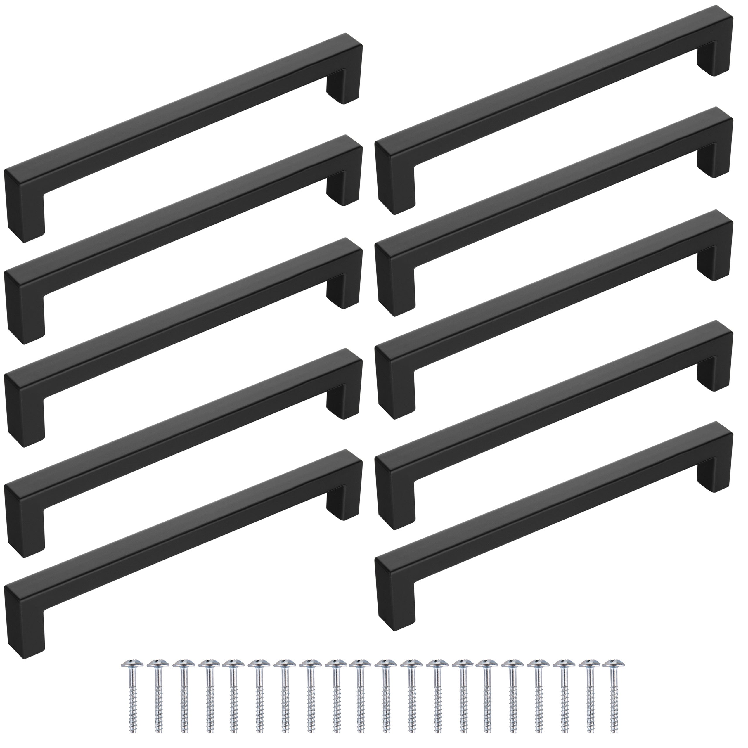 Juego de 10 Tiradores Negros Mate para Muebles, Diseño Cuadrado, Distancia de Agujeros de 128 mm, 160 mm, Modernos y Estéticos para Gabinetes y Cajones, Ideal para Cocina, Baño y Sala – Incluye Tornillos
