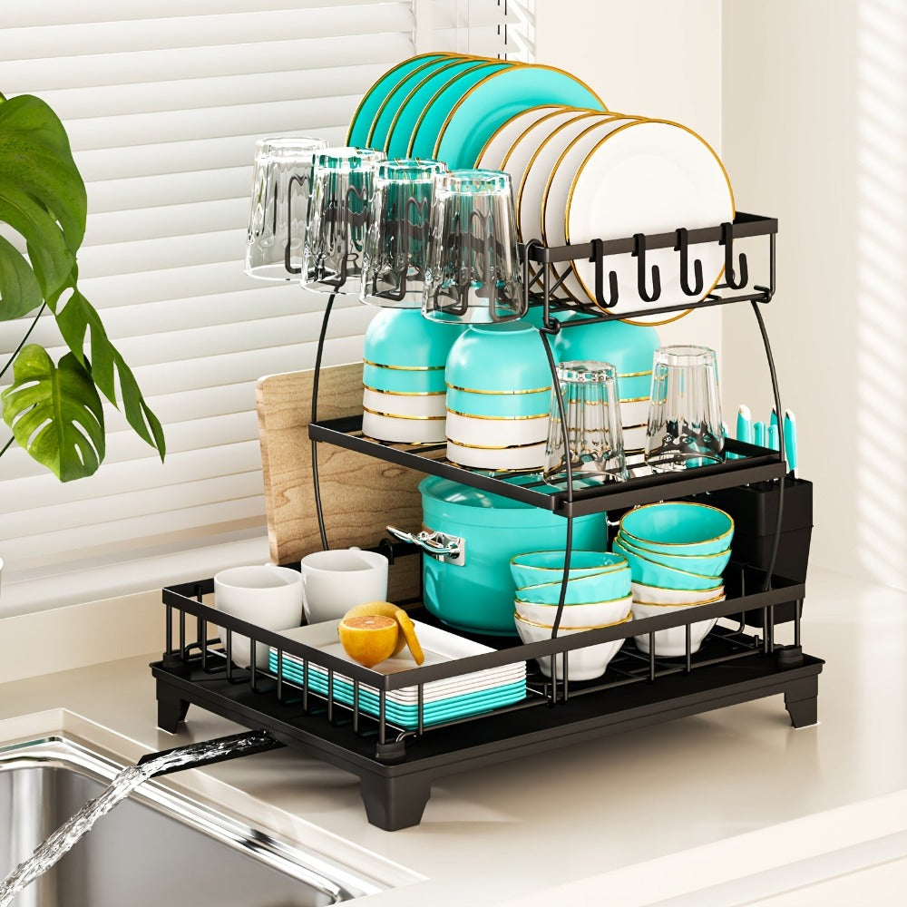 Escurridor de Platos Resistente - Organizador de 3 Niveles con Bandeja de Drenaje, Ahorrador de Espacio para Cocina - Acero Inoxidable Anticorrosivo con Portavasos y Almacenamiento para Utensilios y Tabla de Cortar - Diseño Compacto y Duradero para Cocina