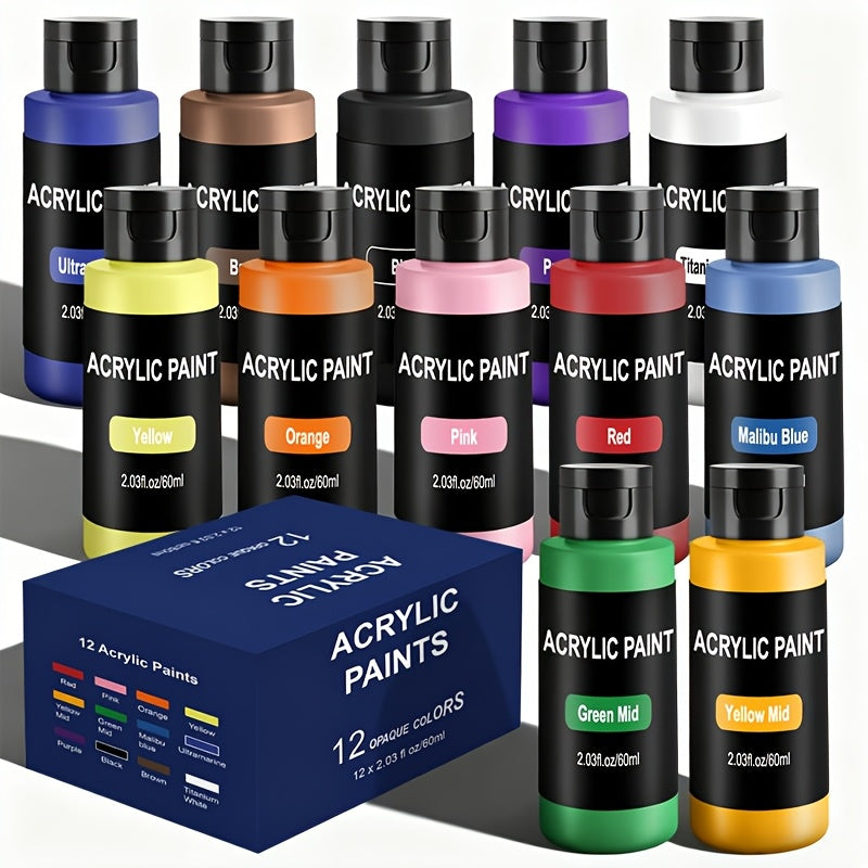 Set de Pinturas Acrílicas de 12/24/36 Colores, 60ml/2.03oz de Pinturas Acrílicas, Set de Pinturas Multifuncional para Manualidades Artísticas, Pintura al Óleo Pintura a Mano Creativa, Adecuado para Pintura al Óleo, Pinturas Acrílicas de Color Puro de Alta