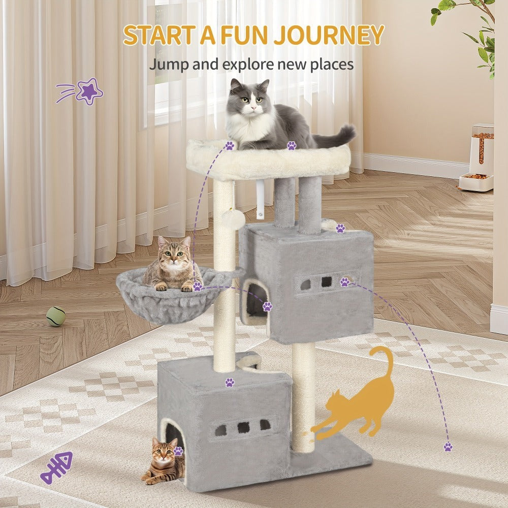 Árbol para Gatos de 98 cm, Árbol Pequeño con Perchas, Múltiples Niveles, Casa para Gatos con 2 Cuevas, Poste Rascador de Sisal y Hamaca