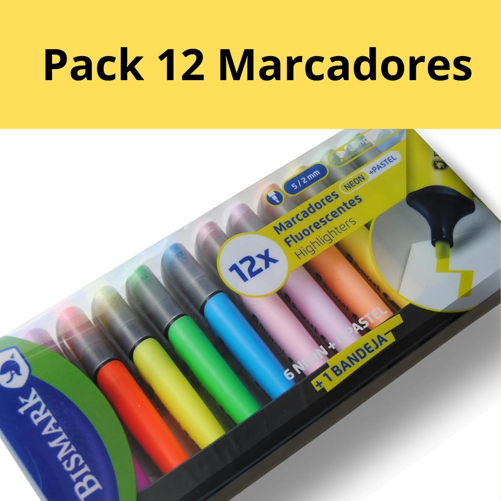 Rotuladores | Set de Subrayadores y Marcadores Fluorescentes Long Life 12 Colores (6 Neón + 6 Pastel), Punta Biselada de Fibra 5 mm, Resaltadores
