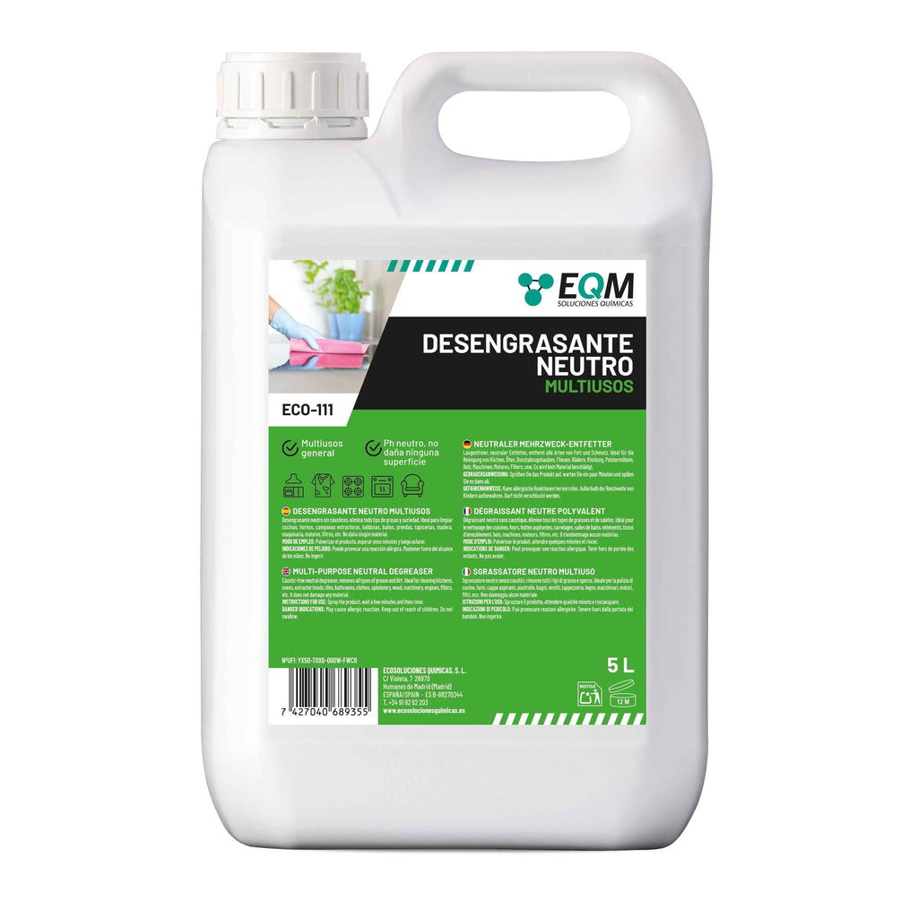 EQM - ECO-111 - Desengrasante Neutro Todo en Uno - 5L - Potente, Seguro y Respetuoso con todas las superficies - Hogar, industria, vehículos, barcos, hoteles, etc.