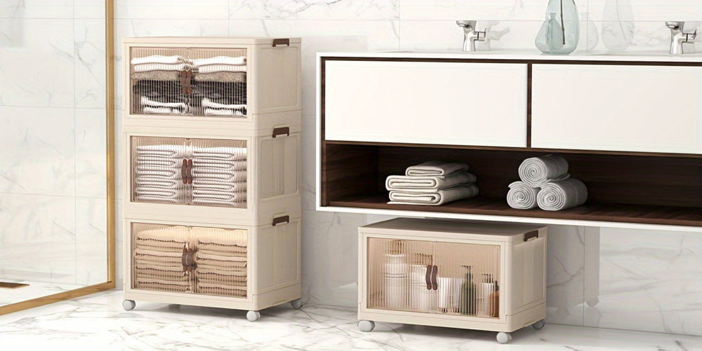 Un juego de cuatro armarios grandes blancos plegables con tapas y ruedas, perfectos para ahorrar espacio en armarios para ropa, ropa de cama, snacks y juguetes - Organizadores duraderos, ideales para dormitorios y salas de juegos
