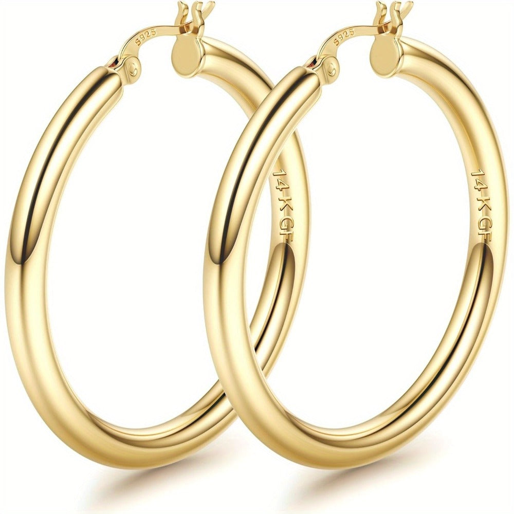 Pendientes de aro plateados de oro de 14K para mujer con poste de plata 925, aros huecos de 4 mm de grosor, aros dorados, aros grandes dorados hipoalergénicos y ligeros de 25/30/40/50/60/70 mm