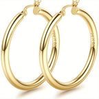 Pendientes de aro plateados de oro de 14K para mujer con poste de plata 925, aros huecos de 4 mm de grosor, aros dorados, aros grandes dorados hipoalergénicos y ligeros de 25/30/40/50/60/70 mm