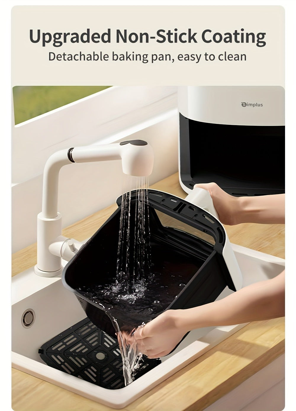 La freidora de aire Simplus tiene una amplia capacidad de 6.5L, adecuada para 5 a 8 personas. Es compacta para un fácil almacenamiento y cuenta con una ventana de cocción visual junto con una pantalla táctil LCD holográfica completa para un uso sencillo.