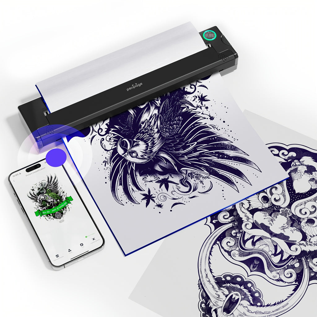 Impresora térmica | Impresora térmica portátil para tatuajes Peripage P90, adecuada para plantillas de tatuajes DIY con 5 hojas de papel de