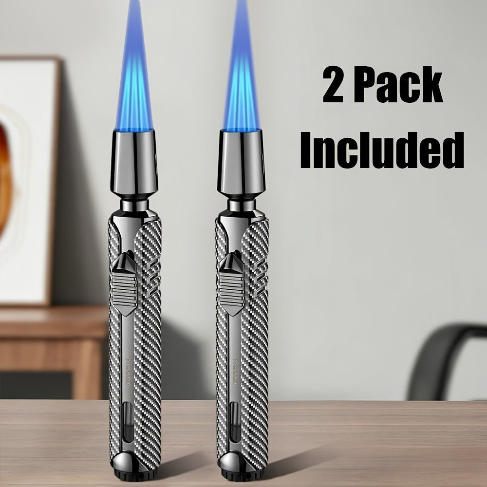 Paquete de 2 sin combustible incluido - Encendedor de chispa de combustible recargable a chorro de triple llama azul a prueba de viento de aleación de zinc, lujoso diseño de tubo largo a cuadros con depósito de combustible visible para velas, barbacoa de