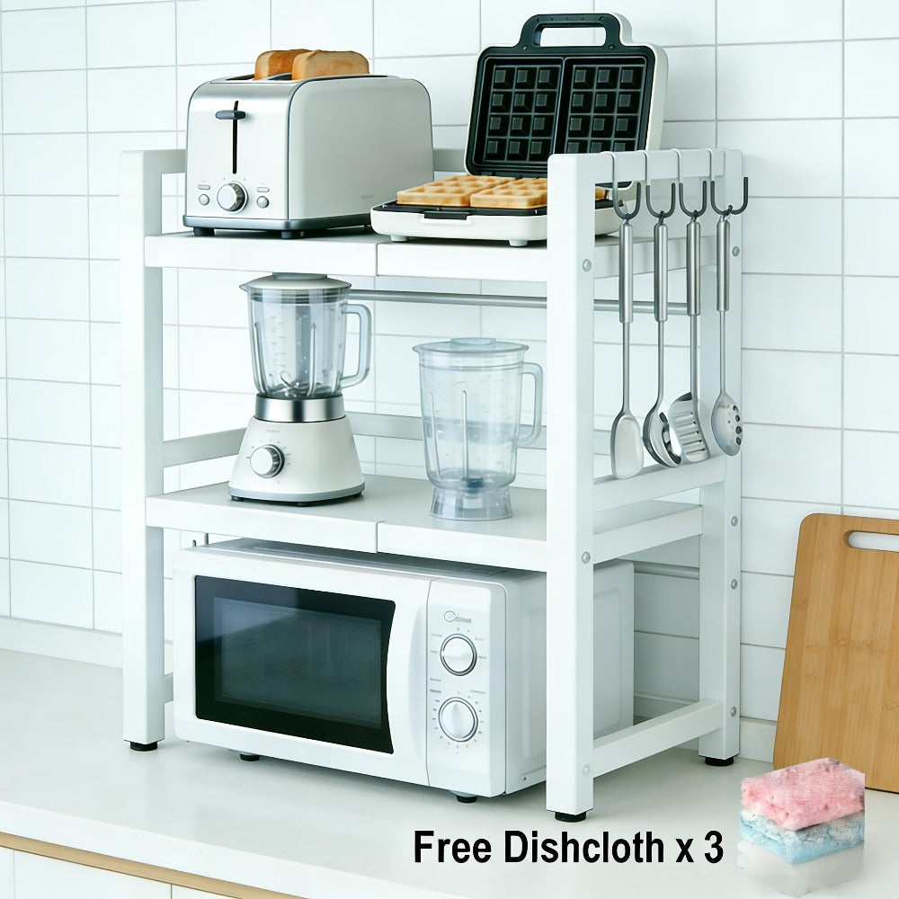 Estante para Microondas, Estante de Cocina Retráctil de 3 Niveles, con 6 Ganchos, 3 Soportes para Toallas y Soporte para Tablas de Cortar. Adecuado para Estante de Cocina, Estante de Especias y Gabinete de Microondas. Longitud Retráctil de 40cm a 64cm, Es