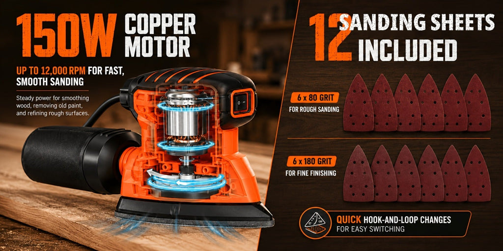 Lijadora triangular Delta de 150W, 12000 RPM, 12 hojas de lija (140X140X80Mm), doble extracción de polvo, ideal para madera y superficies