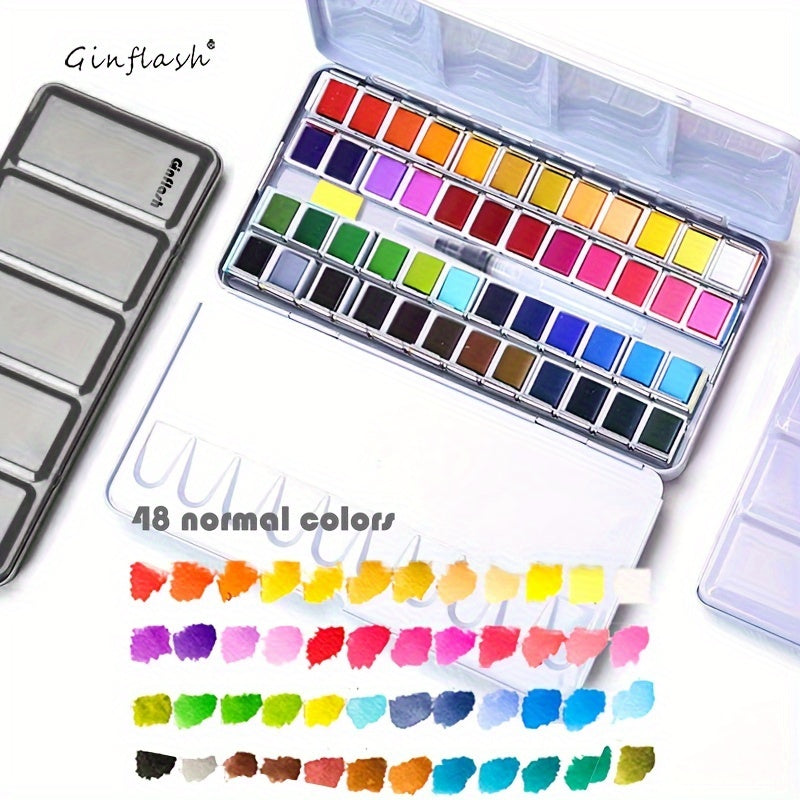 Ginflash 48 colores Color Artístico Medio Paleta Pigmento Pintura Artista Pintura Acuarelas Set Con Pincel de Pintura con Brillo Stock EU