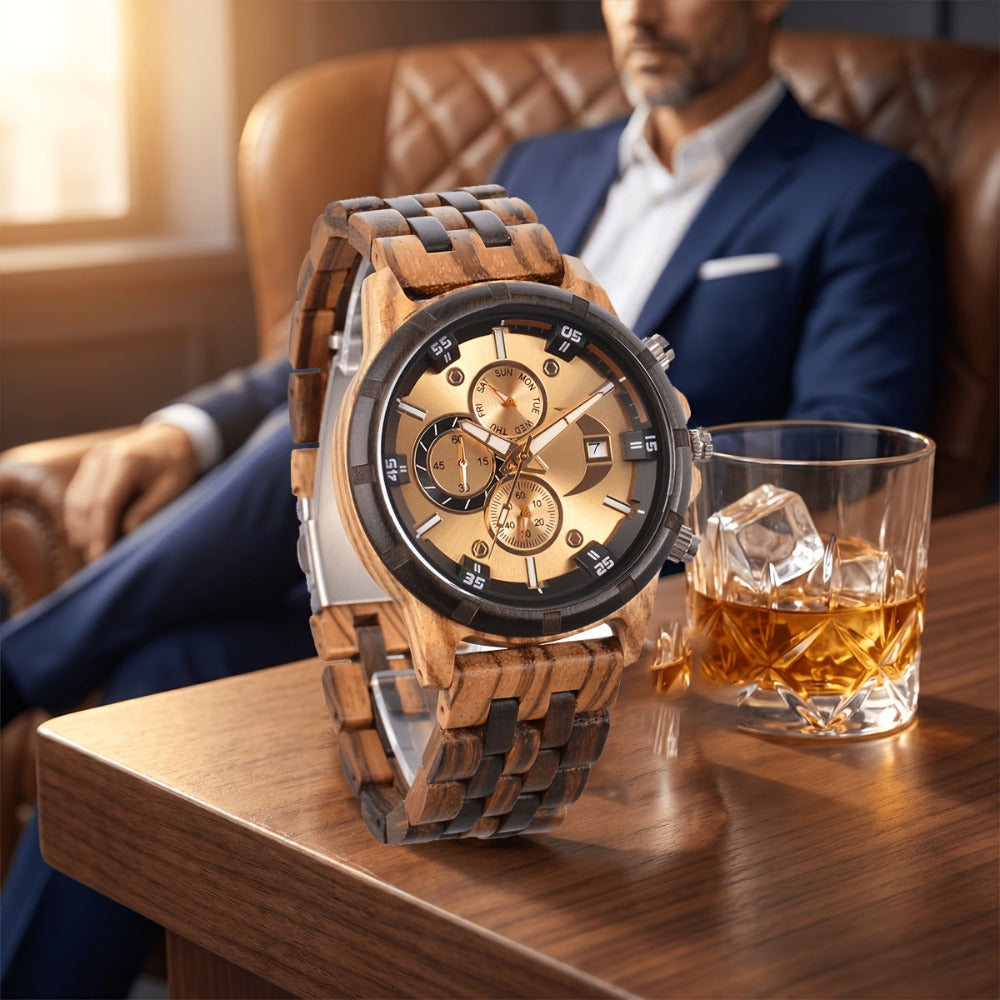 Relojes de Pulsera de Madera para Hombres, Relojes de Cuarzo de Moda con Fecha, Semana y Hora, Caja de Madera para Él