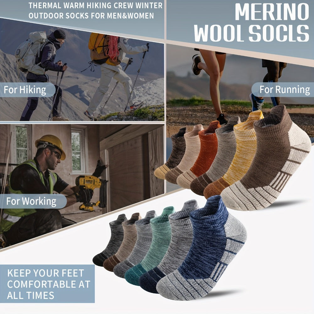 Seis pares de calcetines tobilleros de lana merino, ideales para senderismo y running. Estos calcetines de trabajo ofrecen soporte de compresión, absorben el sudor y son transpirables con un amortiguamiento grueso. Son de corte bajo y están diseñados para