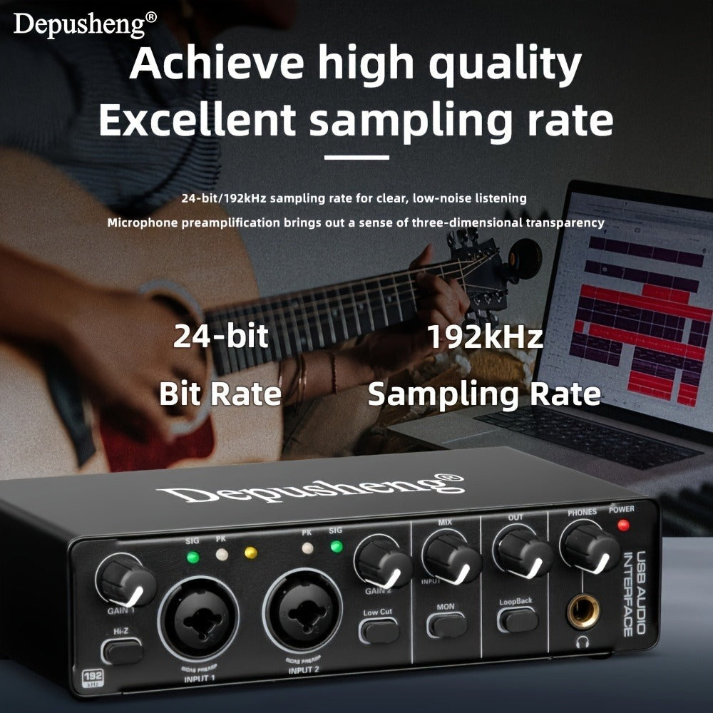 Interfaz de audio profesional Depusheng, tarjeta de sonido, 24 bits/192 kHz, XLR y alimentación fantasma, para guitarra eléctrica, PC/streaming/Win, alimentación por USB