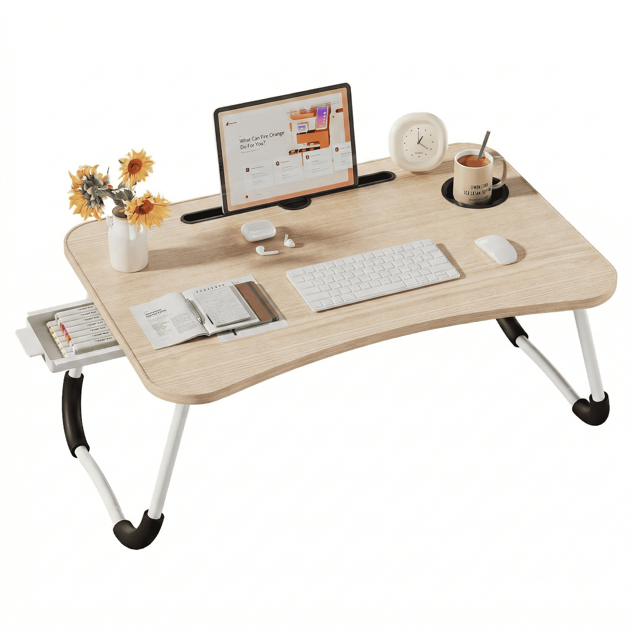 Mesa plegable multifunción para cama y sofá con portavasos, 60×40×28 cm, mesa auxiliar con atril para leer en la cama, bandeja multifunción para ordenador, libros, trabajo y estudio en casa (con cajón / sin cajón)