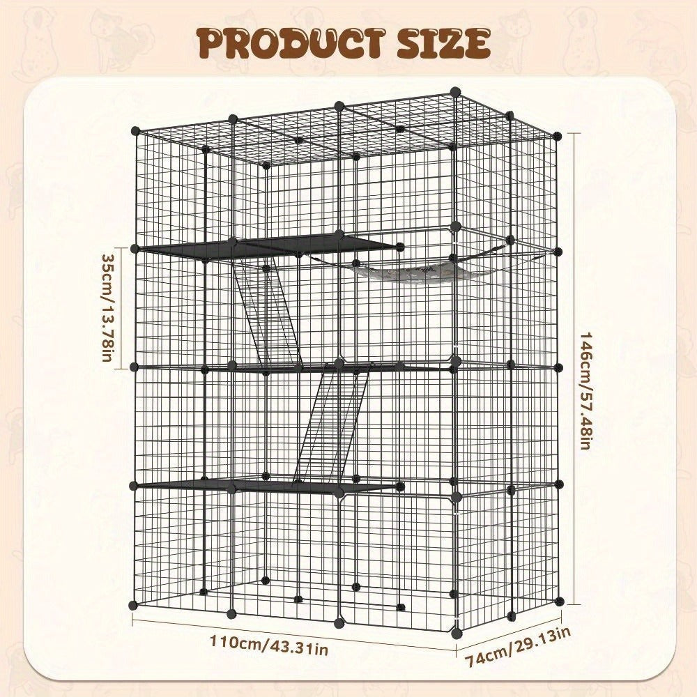 Cerradura Metálica Negra para Exteriores para Conejos, con Puerta y Adecuada para Animales Pequeños como Cobayas y Cachorros, Medidas 146X110X74 Cm (4 Columnas y 3 Capas)