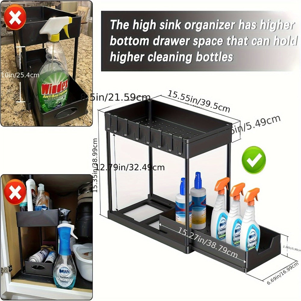 2 Paquetes de Organizadores y Almacenamiento Debajo del Fregadero, Organizador de Cesta Deslizante de 2 Niveles con Ganchos, Organizadores y Almacenamiento Multiusos Debajo del Fregadero para Baño y Cocina