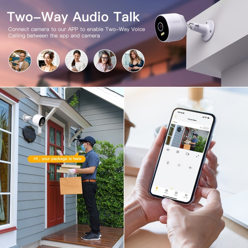 1/2/4 piezas Laxihub 3MP 1296P Cámaras de seguridad Wi-Fi para exteriores, Cámara interior para seguridad del hogar, para vigilancia de puertas domésticas, Audio bidireccional, Almacenamiento en la nube/tarjeta SD, Visión nocturna a todo color, Cámara dig