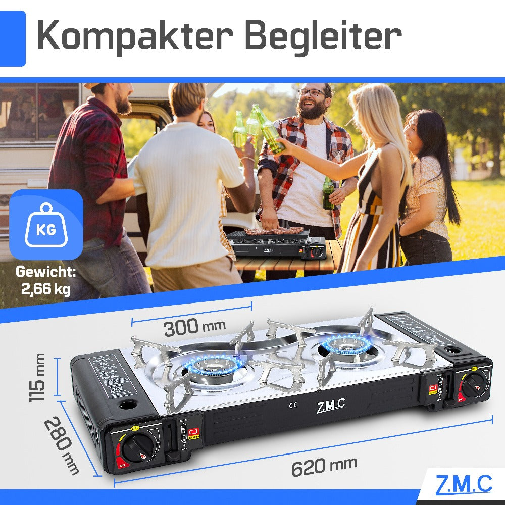 Estufa de Gas para Camping ZMC de 2 Quemadores con Adaptador LPG y Estuche de Almacenamiento – Estufa de Gas Doble con Potencia de 2.5 kW, Encendido Piezoeléctrico, Compatible con Cilindros de Gas Butano de 227g y Botellas de Gas LPG – Estufa de Gas Portá