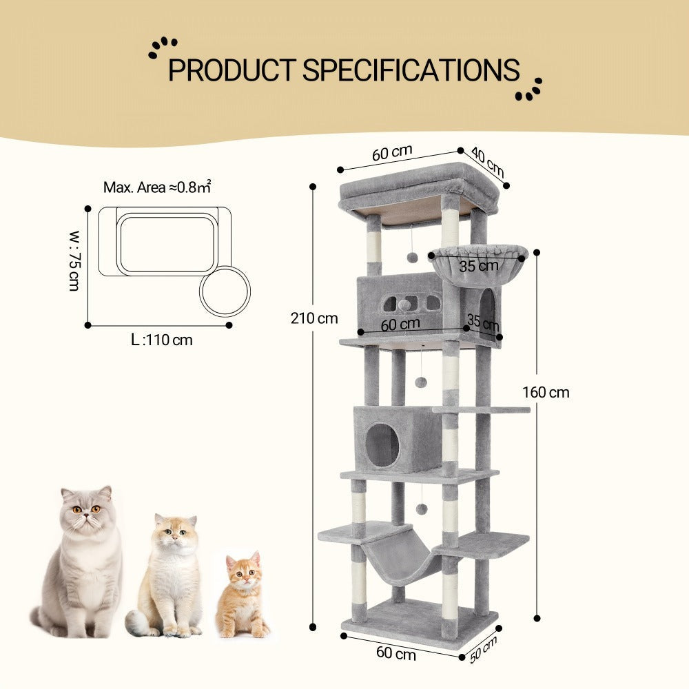 Rascador grande, árbol para gatos de 210 cm, con 8 postes rascadores, posadero, 2 cuevas, tapete lavable, hamaca, pelotas de felpa, rascador de varios pisos para gatos grandes, gris claro, gris oscuro