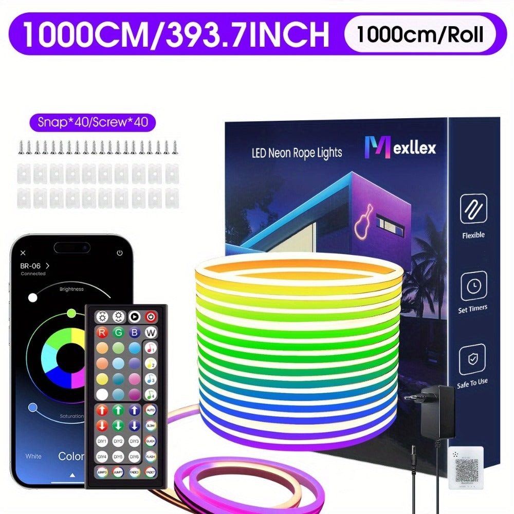 Tira de Luz LED RGB Neon de 30m/20m/15m/10m/5m con Sincronización Musical, Tira Flexible de 24V con Aplicación y Control Remoto, Tira de Luz Exterior IP"67", Ideal para Dormitorio, Habitación y Decoración Exterior
