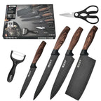 Un juego de 6 cuchillos de cocina para chef con hojas de acero inoxidable, famosos por su filo y durabilidad. Este juego incluye un mango ergonómico, tijeras y un pelador, todos resistentes al óxido y fáciles de mantener.
