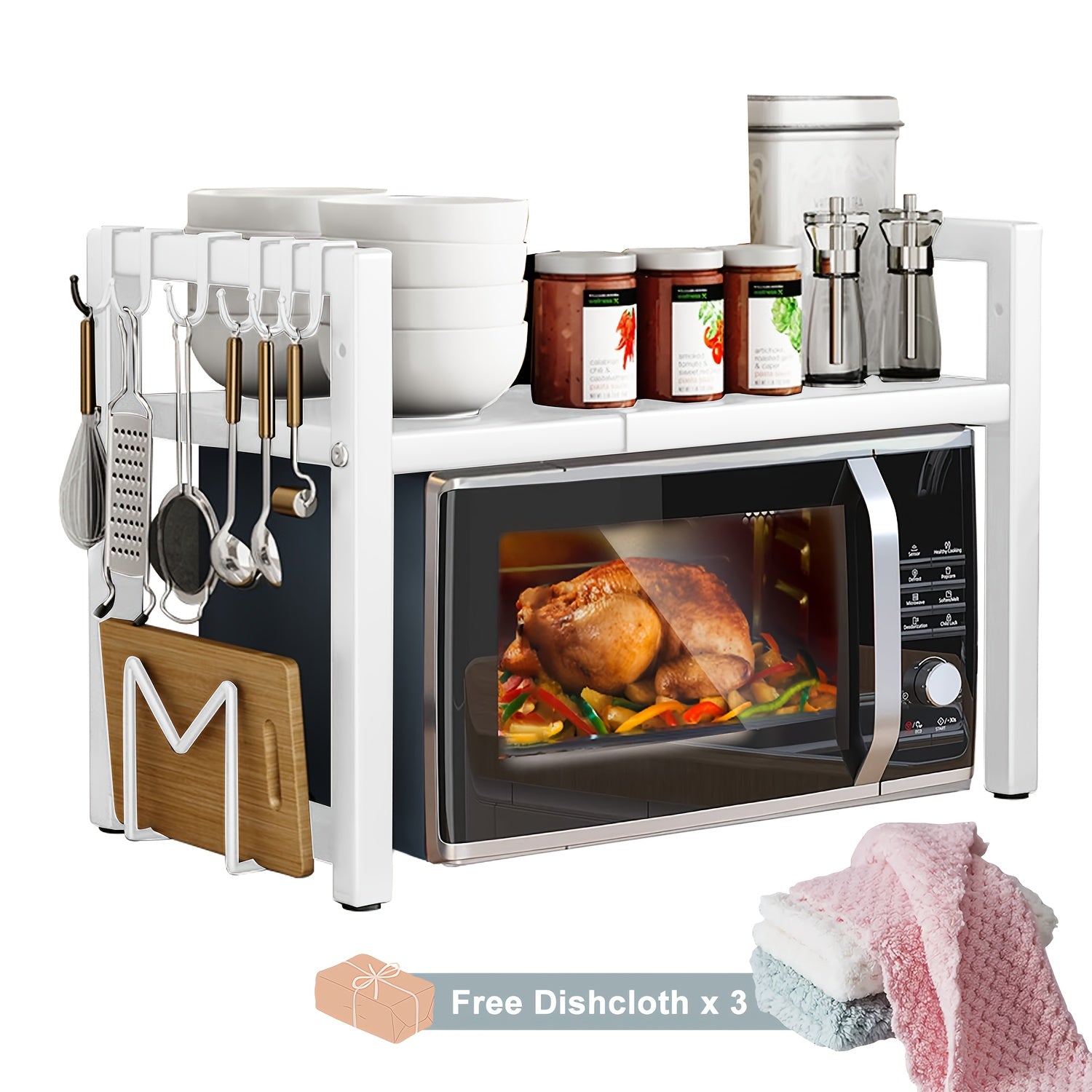 Estante Extensible para Microondas de 2 Niveles con 5 Ganchos, Soporte para Tabla de Cortar y 3 Toallas, Organizador de Cocina, Estante para Hornear en Microondas para Encimeras, Extensible de 40-64 cm (, Blanco)