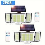 2 luces solares de pared para exteriores, 348 LED, con sensor solar y control remoto, luces plegables ultra brillantes de 3 cabezales para exteriores, focos de jardín sin cableado, para calles comerciales, luces de garaje y luces de emergencia en entradas
