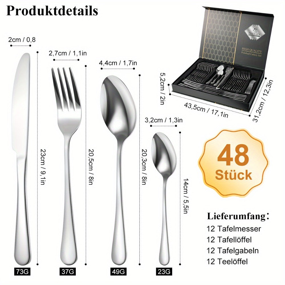 Juego de cubiertos de acero inoxidable de 48 piezas para 12 personas | Elegante caja de regalo, cubiertos premium, pulido espejo, apto para lavavajillas, cuchillos para bistec, tenedores y cucharas ergonómicas | para reuniones familiares, bodas, inaugurac