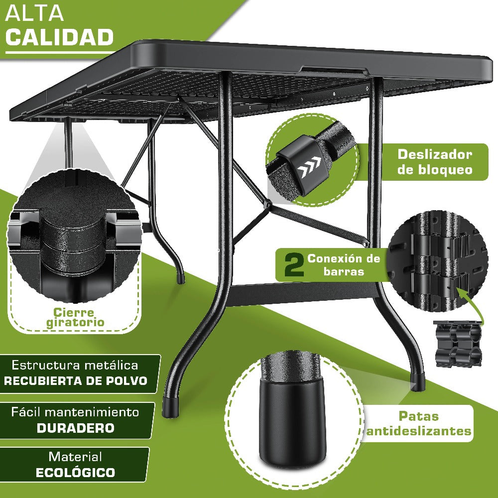 tillvex® Mesa de jardín plegable 180x75cm, resistente a la intemperie | Mesa de camping y buffet de plástico con asa | Para jardín, terraza, camping, balcón, 6 personas, negro