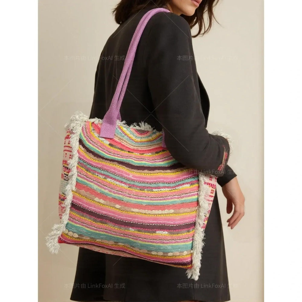 MEJORADA Bolso de playa grande con estampado bohemio, ideal para verano, con flecos de algodón, forro interior y bolsillos, 55×37×19 CM, tejido 100% poliéster