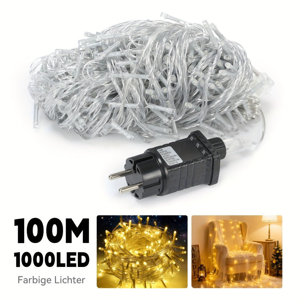 Guirnalda de luces LED de hadas de 100 m + 5 m de largo, 1000 cuentas LED, enchufe de salida de 31 V, luces LED de hadas para árbol de Navidad alimentadas por corriente con temporizador, función de memoria, 8 modos, decoraciones iluminadas para festividad
