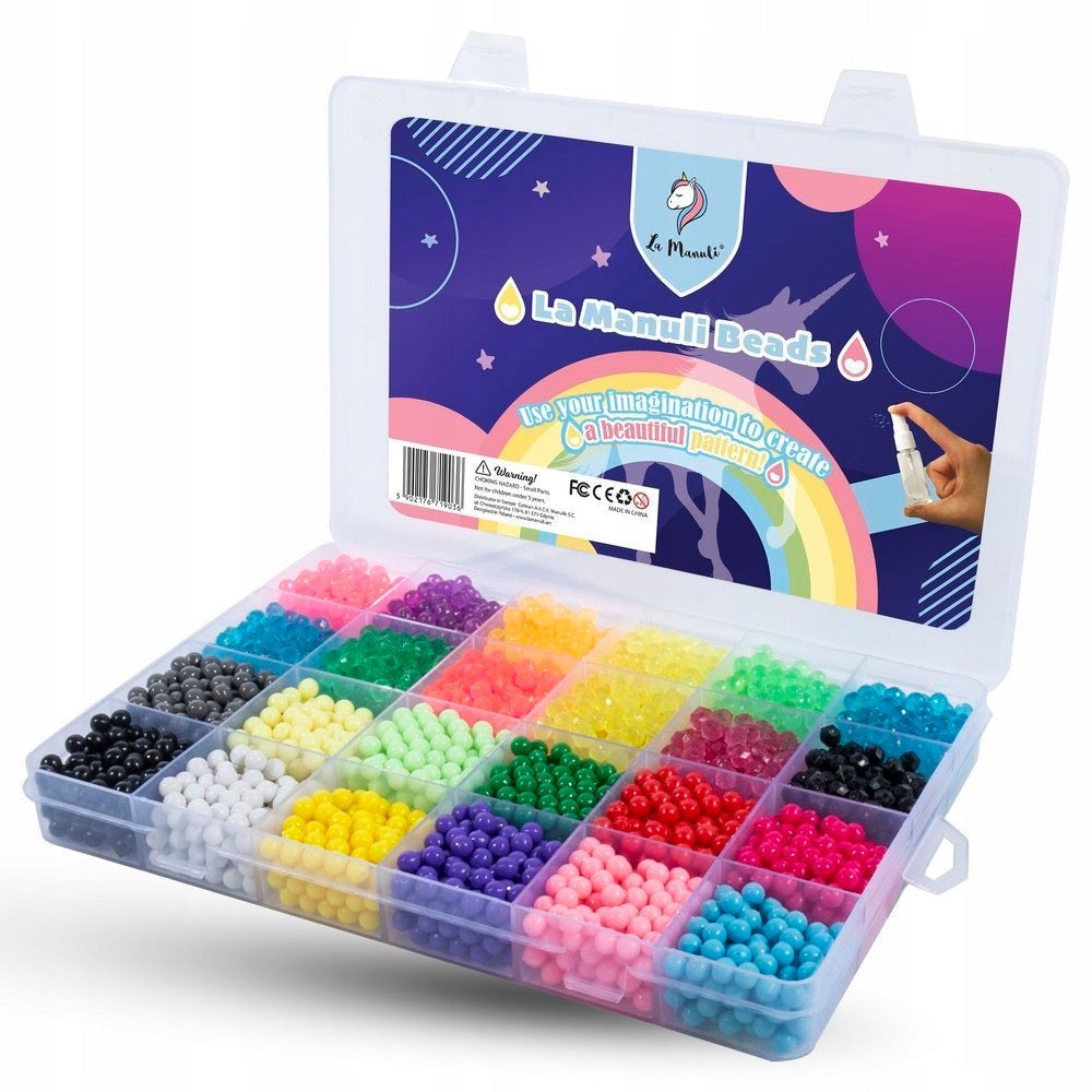 Cuentas de Agua La Manuli, 3300 pcs, 5 mm | 24 Colores en Organizador de Compartimentos | 12 Colores de Cuentas de Cristal – Redondas y Facetadas | Materiales Creativos para Joyería, Decoraciones y Proyectos DIY | Compatibles con Otras Marcas