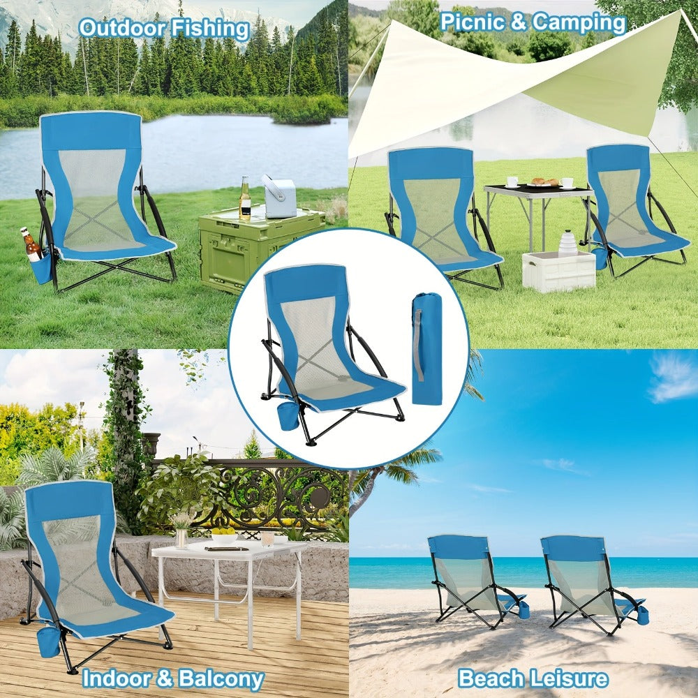 Silla de camping plegable para exteriores, 1 pza./2 pzas., con portavasos y bolso de mano, reposabrazos acolchados engrosados, respaldo de tela de malla transpirable, silla de pesca con portavasos + juego de bolso de mano, portátil, adecuada para camping,