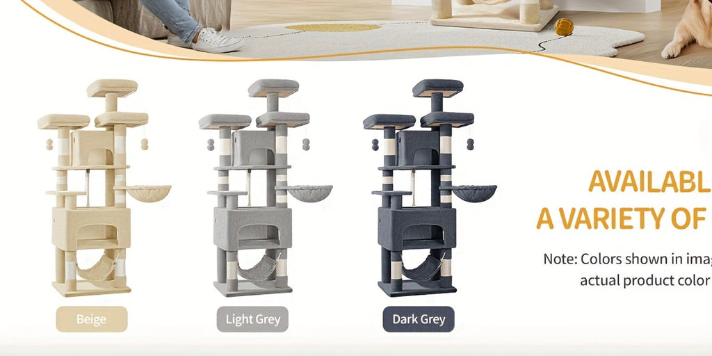 Árbol para gatos, Árbol para gatos de 176 cm, XL, 3 plataformas, 2 cuevas, 7 postes rascadores, hamaca, pelotas de felpa, poste rascador para gatos para hogares con múltiples gatos, Beige