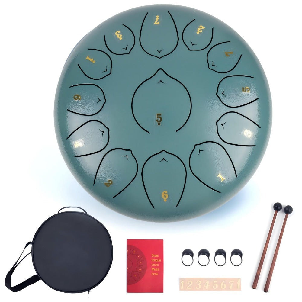 Tambor de lengüetas de acero de 12 pulgadas con 11 notas, completo con mazos de tambor, una bolsa de transporte y palillos de notas para terapia del sonido, meditación y yoga