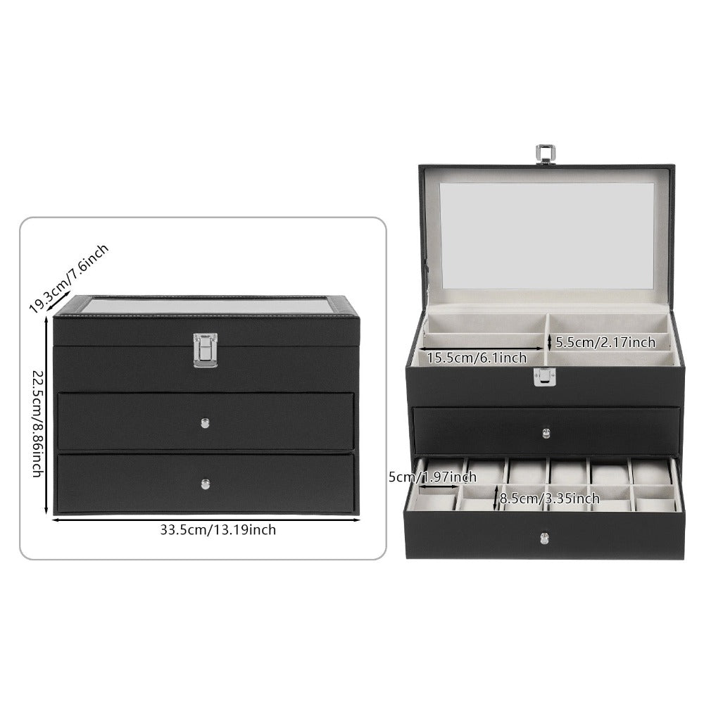 Estuche organizador de 3 capas y 24 ranuras para gafas de moda y relojes para mujer y hombre - Portagafas de exhibición y almacenamiento de múltiples gafas de moda con cajón, tapa de cristal y lazo para exteriores