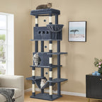 Árbol para gatos extra alto de 210 cm con 8 postes rascadores y 2 cuevas - Muebles para gatos de múltiples niveles de alta resistencia, tapete lavable, hamaca y pelotas de felpa - Torre para gatos grande con base resistente