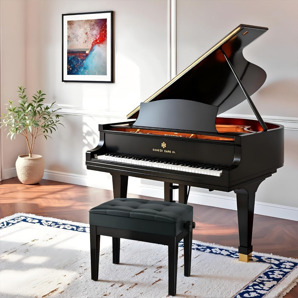 Banco para instrumento de teclado, Banco para piano, Altura ajustable 48-58 cm, Banco para piano con espacio de almacenamiento, Cojín de cuero sintético, Capacidad de carga hasta 150 kg, Banco multifuncional, Se puede utilizar como taburete de vestir, tab